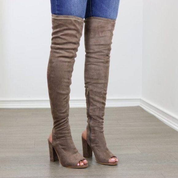 Suede Thigh High Peep Toe & Heel Chunky Heel Boot - Picture 1 of 8
